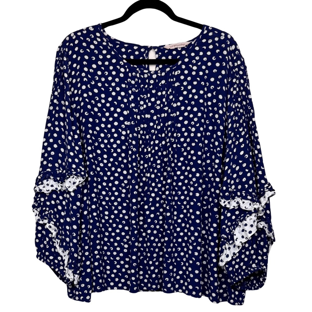 Soft Surroundings Blouse Womens 1X Polka Dot Pleated Ruffle Peasant Boho Cottage - Picture 1 of 8